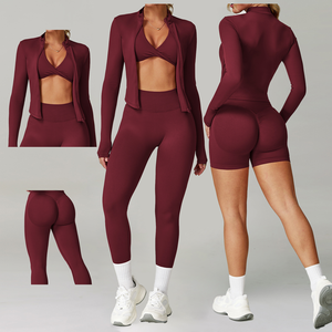 4 Piece Seamless Solid Gym Set Leggings Sports Bra Jacket